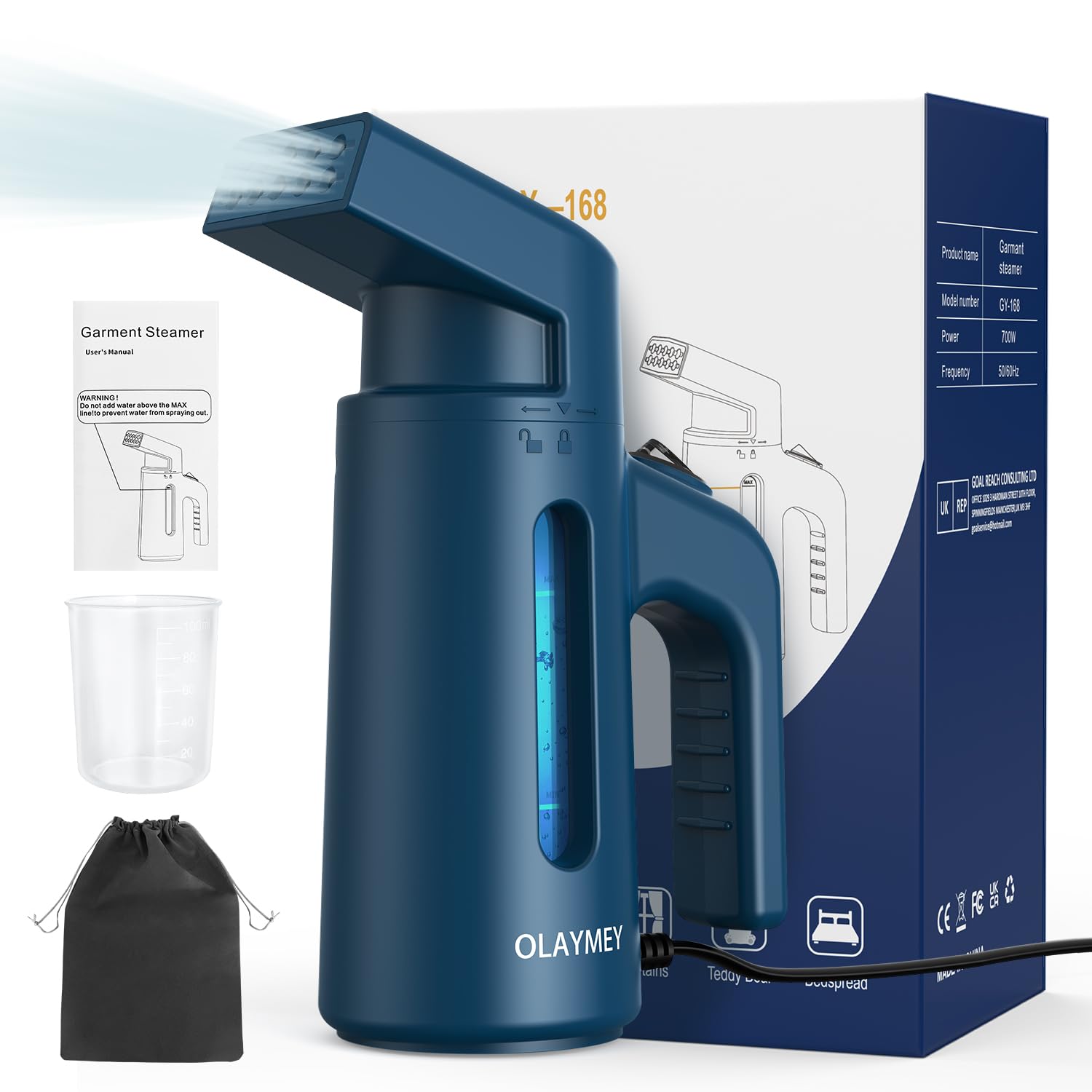 OLAYMEY Ferro da Stiro Verticale da Viaggio, Ferro da Stiro a Vapore con Caldaia, con Borsa con Coulisse, 700W Portatile Stiratore Verticale 180ML Blu Stirella Verticale per Casa, Affari