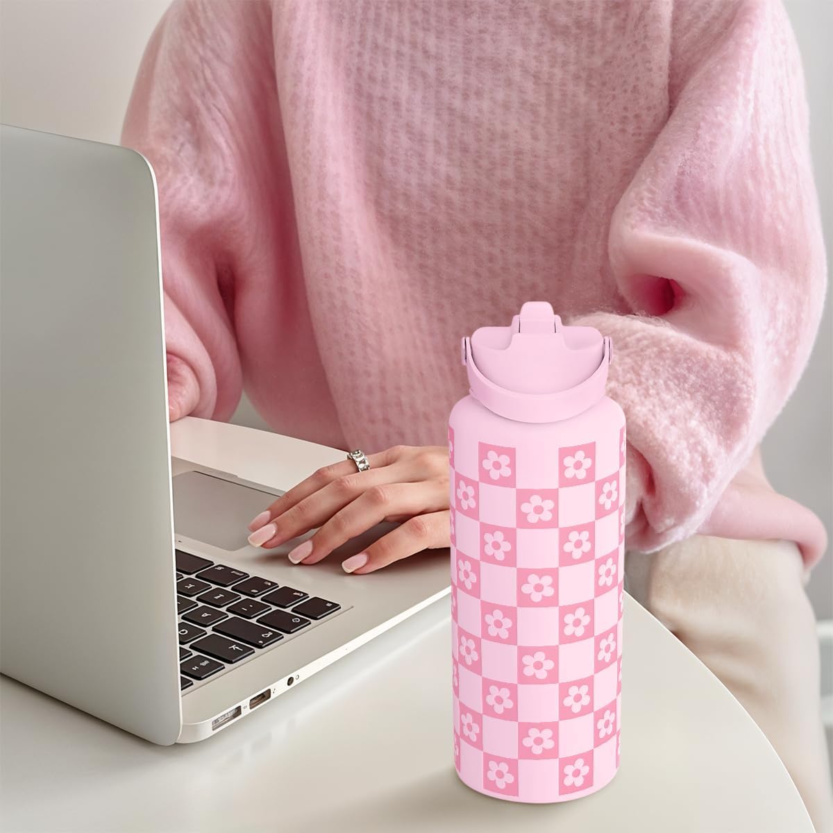 Checkerd Daisy Bottiglia d'acqua 950 ml in acciaio inox con coperchio cannuccia isolata, regalo per donne, ragazze, amici, compleanno, Natale