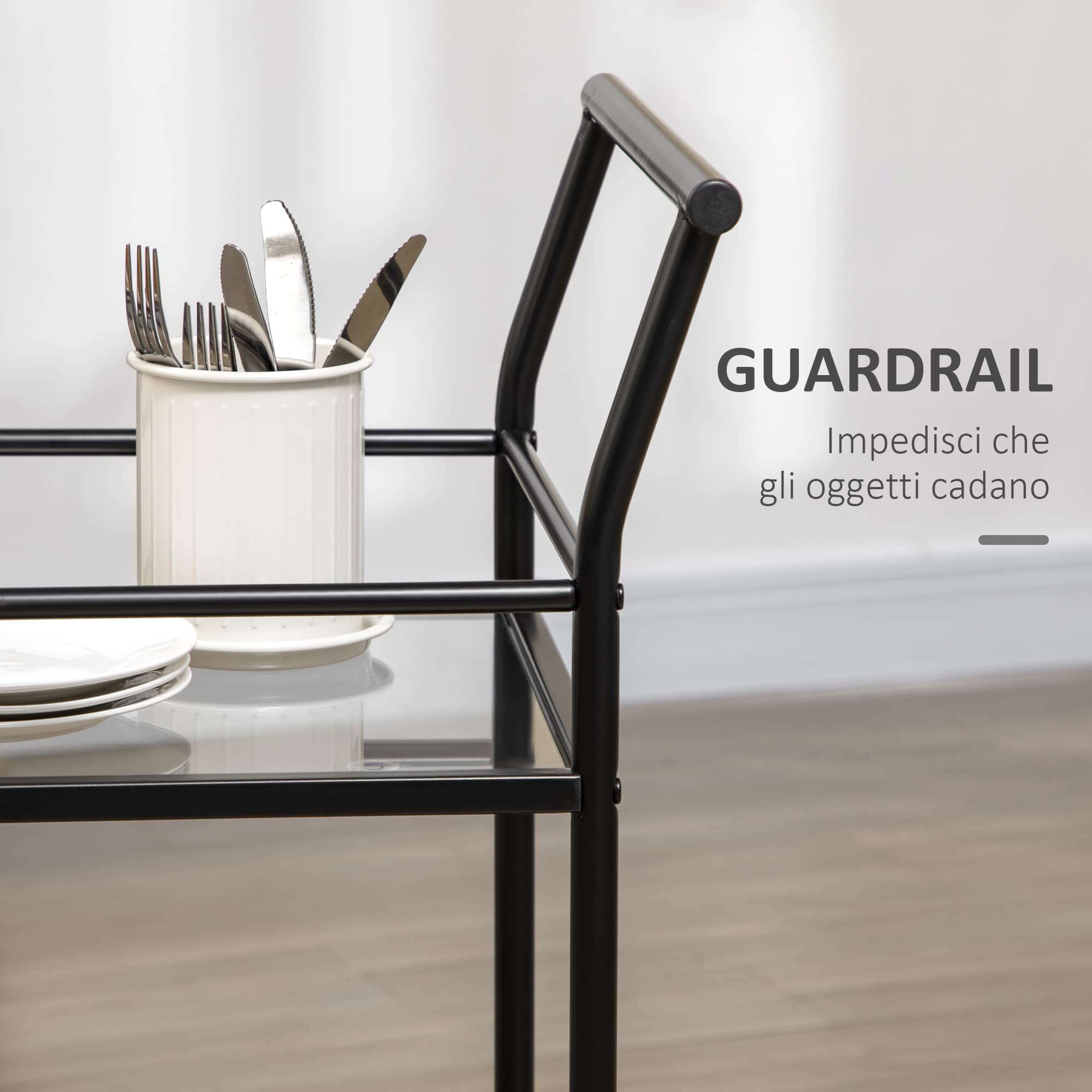 HOMCOM Carrello da Cucina a 2 Livelli con Piani in Vetro Temperato, 4 Rotelle e Struttura in Metallo, 75x40x80 cm, Nero