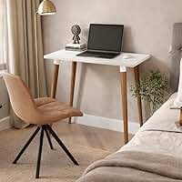 Mesa Escrivaninha Retrô 80x50cm com Pé Palito em Madeira, Tampo MDF 15mm para Escritório e Computador(Branco Brilhante)