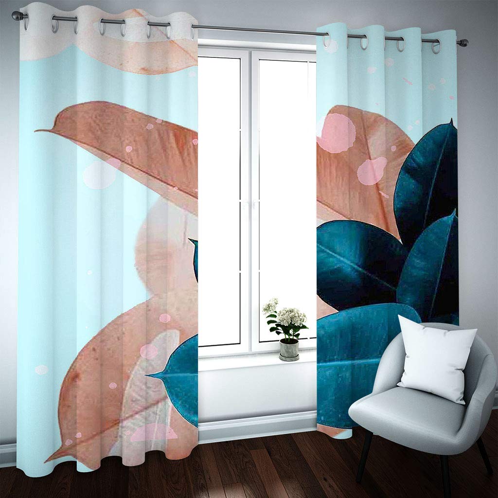Gardinen Schlafzimmer Wohnzimmer Verdunkelungsvorhang Digitaldruck 3D Blaue Und Rosa Palmblätter Blickdicht Vorhänge Kinderzimmer Thermovorhang Mit Ösen 200X214Cm (B X H) 2Er Set