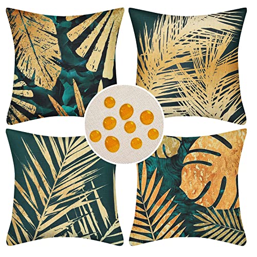 Lot de 4 Housses de Coussin Plantes Tropical Vertes 45 x 45 cm Feuilles de Palmier d'or Décoratives Coussin Carrée Taies d'oreiller en Lin imperméable pour Chaise Banc Jardin Cover