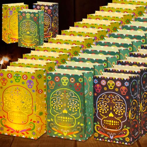 Tikitup Halloween Day of The Dead Luminary Bags,Dia De Los Muertos Candy Bags,3 Styles Flame Retardant Material Lantern Luminary Bag,Day of The Dead Halloween Party Decorations Supplies(30 Pcs