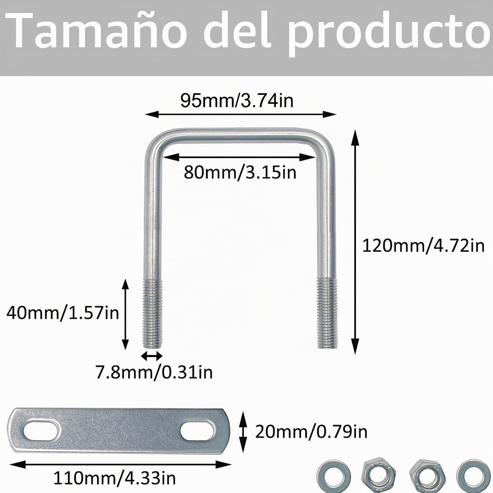 Perno en U cuadrado M8 U-Pernos - 4 piezas 120x80 mm Pernos en U de Acero Inoxidable 304 con Tuercas Marco para Placa de Soporte en U de Poste Tuercas de Perno en U Marinas Cuadradas