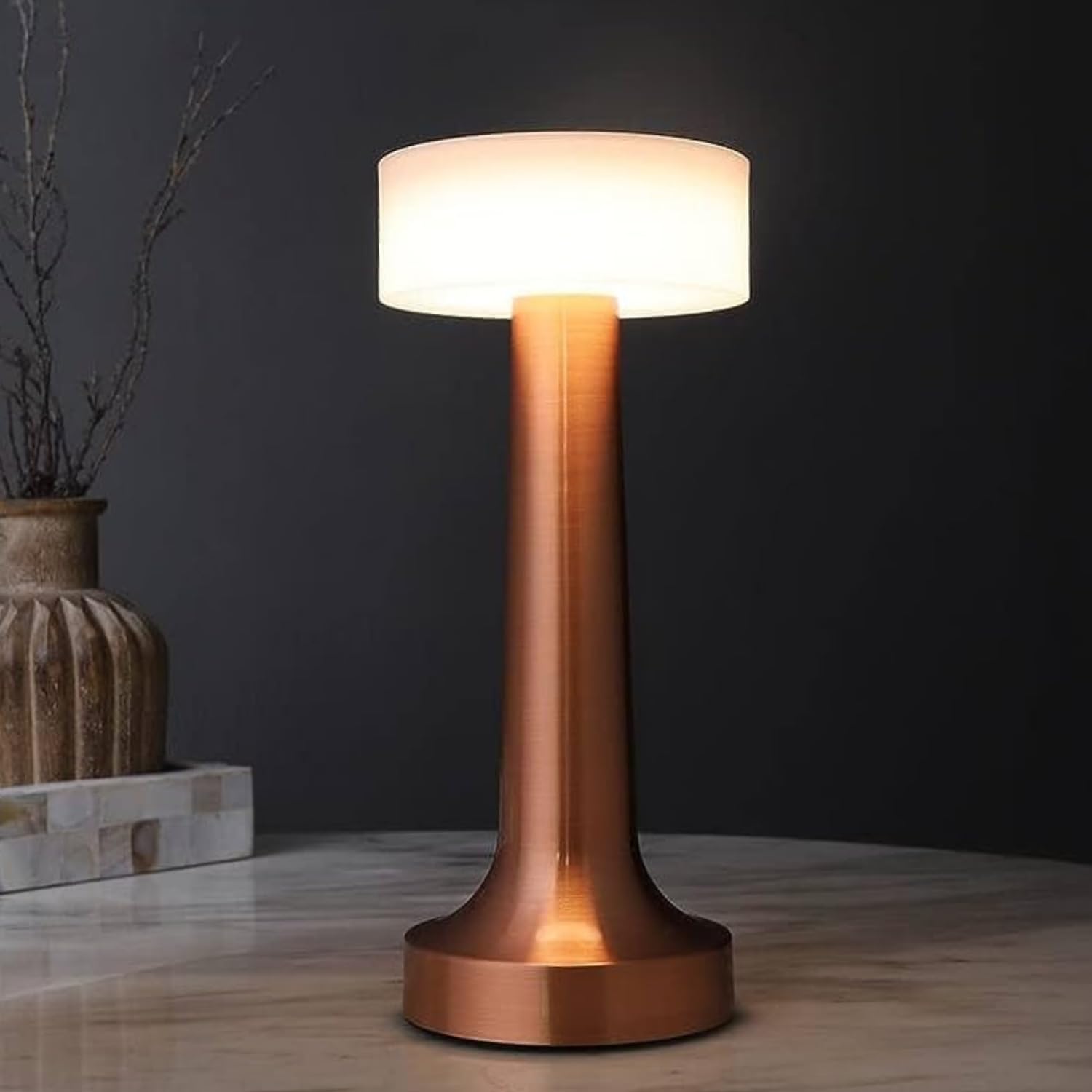 NYRWANA Table Lamp|2000 mAh Battery|Lamps For Bedroom,Night Lamp,Table Lamp For Bedroom & Living Room,Bedside Lamp,Stepless Dimming,3 Colour Touch Control,Wireless Charging-Metal (Rose Gold),Led