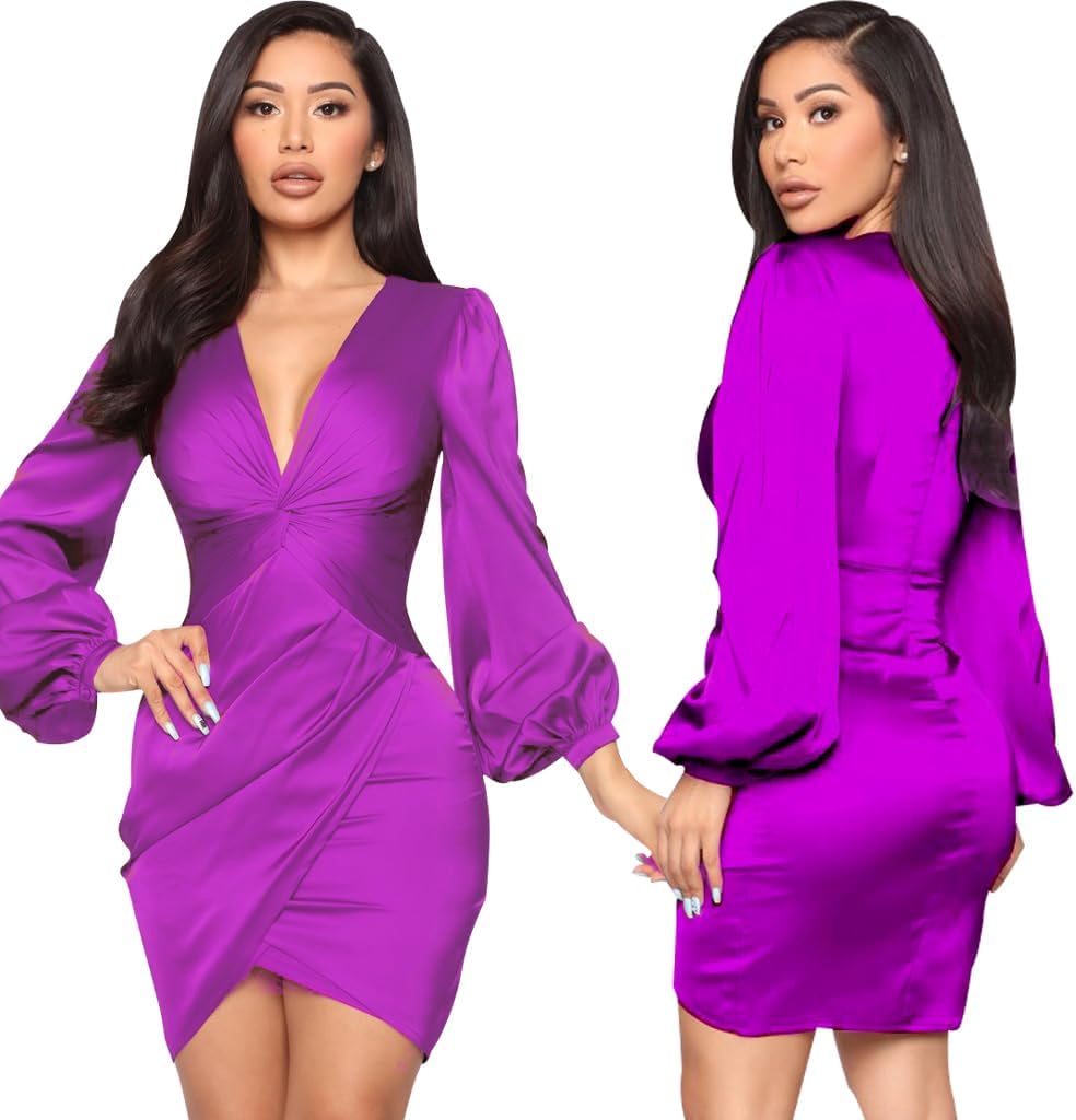 FairyLove Women's Elegant Empire Waist Long Sleeve Wedding Guest Party Cocktail Bodycon Irregular Satin Dresses - Image 5