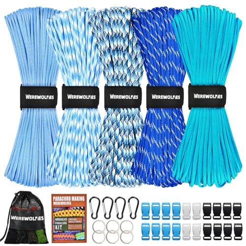 WEREWOLVES 550 Paracord Kits 100ft Each Color - 5 Colors Parachute Cord Combo 7 Strand Type III Parachute Cord 4mm for Crafting, Dog Collar, Survival Bracelets (Blue, 100FT Each Color)