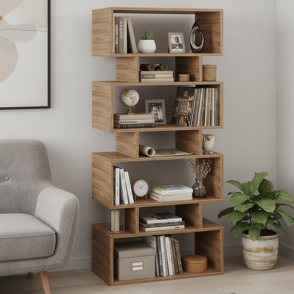 FURNEASER Forrel Book Shelf - 5 ft 6 Tier Versatile Book Stand for Home Library, Office Modern Slim S-Shaped Open Display Rack with Unique S Design for Bedroom, Living Room (Exotic Teak)-image-49