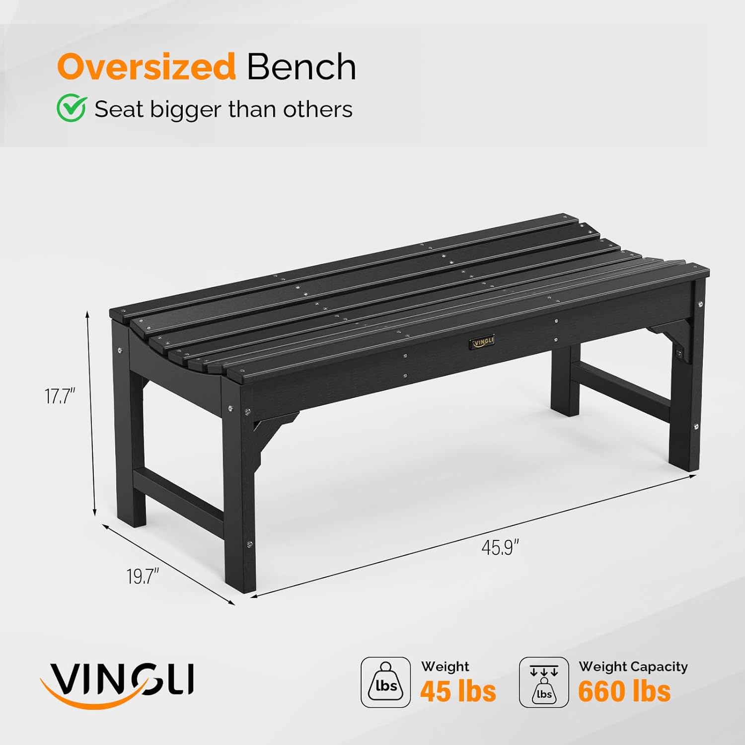 VINGLI Outdoor Bench Garden Bench HDPE Porch Bench, All-Weather Patio Bench, Poly Lumber Oversized Park Bench 800 lbs Weight Capacity (Black)