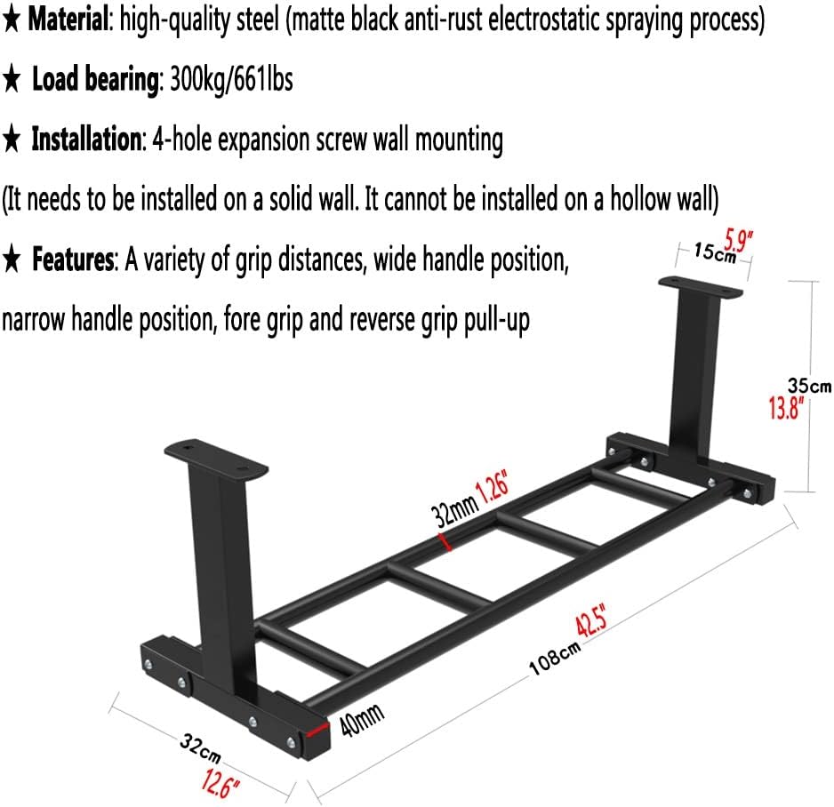 Steel Wall-Mounted Pull Up Bar, Safe and Stable Horizontal Bar Clim e, for Muscle Strength Training in Home Gym, Load 300KG