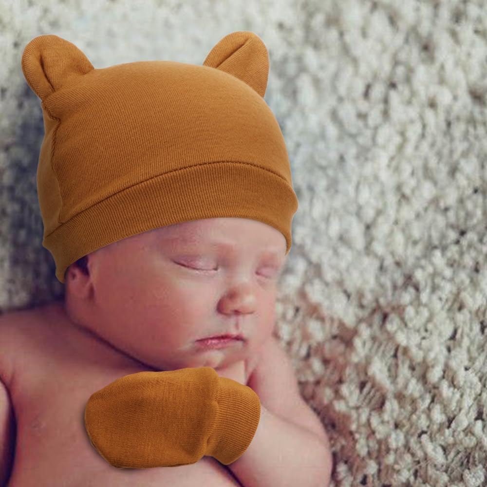 BQUBO Newborn Baby Bear Ears Hats and Mittens Sets Preemie Cotton Caps Baby Boy Girl Infant Hospital Beanie - Image 2
