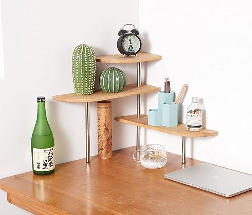 Miniatura 3 de HYNAWIN Estante de esquina de 3 niveles de almacenamiento de bambú y metal, estante de especias de escritorio, estante de exhibición para ahorrar