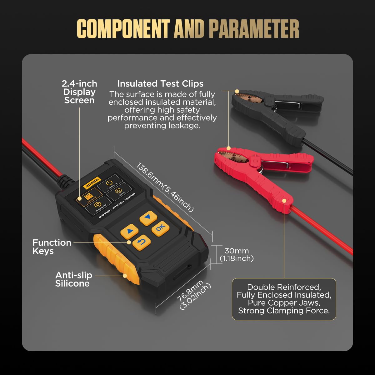 AUTOOL BT360 Testeur de batterie de voiture 12 V 24 V 30-2000 CCA Testeur de batterie de voiture Analyseur de système de charge et de chargement pour voitures, motos, camions, bateaux, véhicules