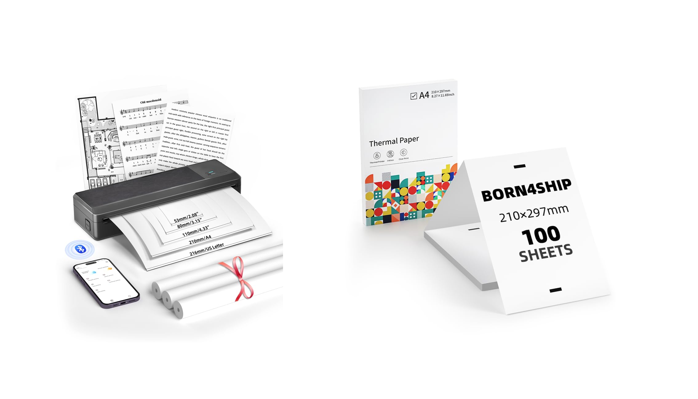 Imprimante Thermique A4, P83 Imprimante Portable sans Encre pour Le Voyage mit 100 Feuilles Papier Thermique , Bluetooth Compatible avec Les Téléphones et Ordinateurs Portables Android et iOS