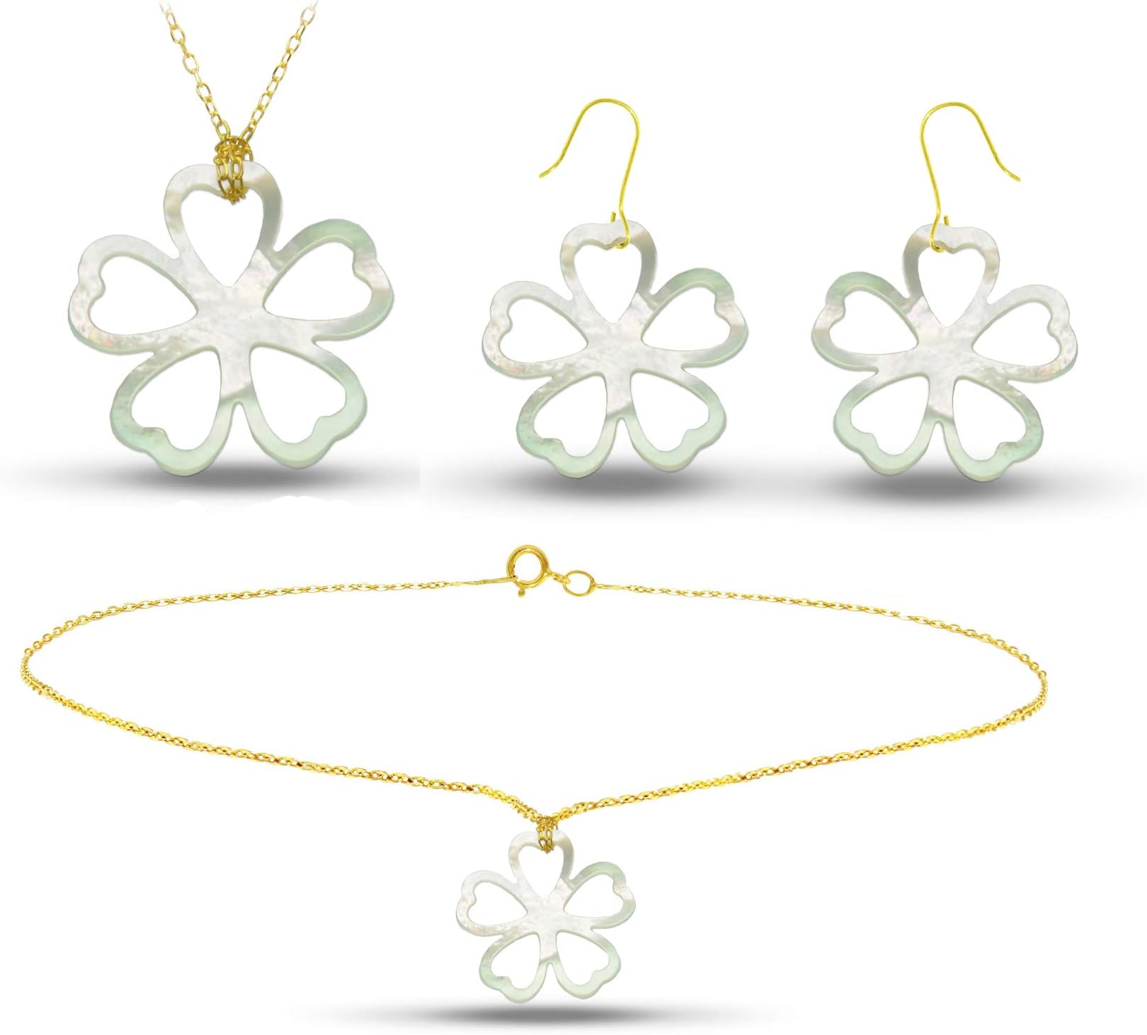 Vera Perla18K Gold Lucky Clover Mother of Pearl Jewelry Set, 3 pcs