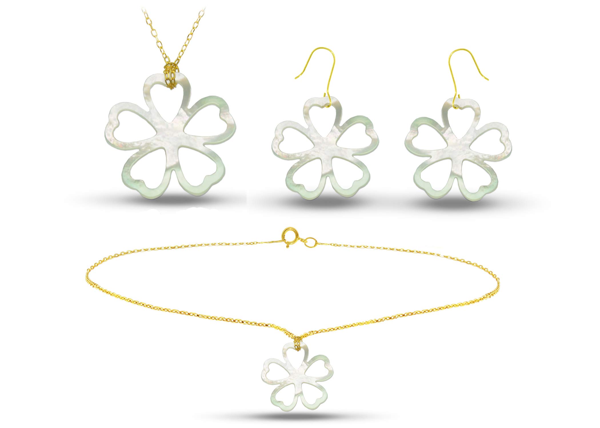 Vera Perla18K Gold Lucky Clover Mother of Pearl Jewelry Set, 3 pcs