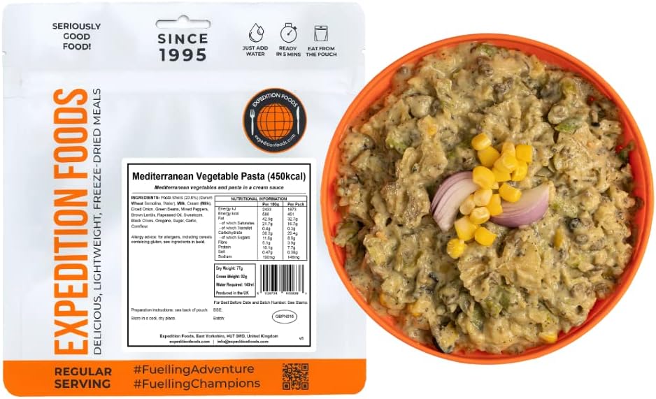 EXPEDITION FOODS Mediterranean Vegetable Pasta (Single Serving / 450KCAL) | Freeze-Dried Camping & Hiking Food