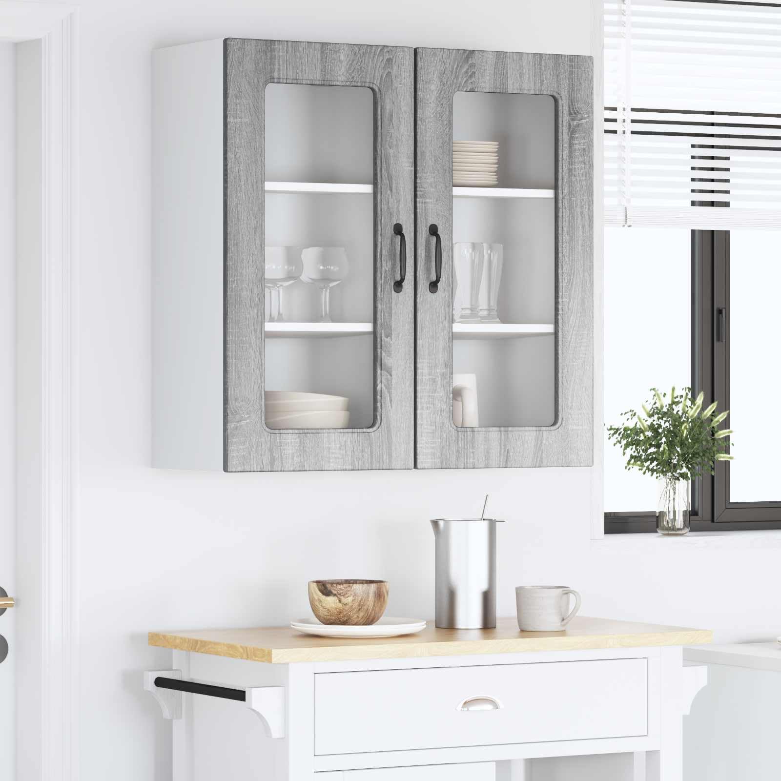 Kalmar - Set di 2 armadi da cucina da parete, moderni pensili per la cucina, in legno, stabile, in rovere Sonoma grigio, con vano portaoggetti, 40 x 31 x 80 cm
