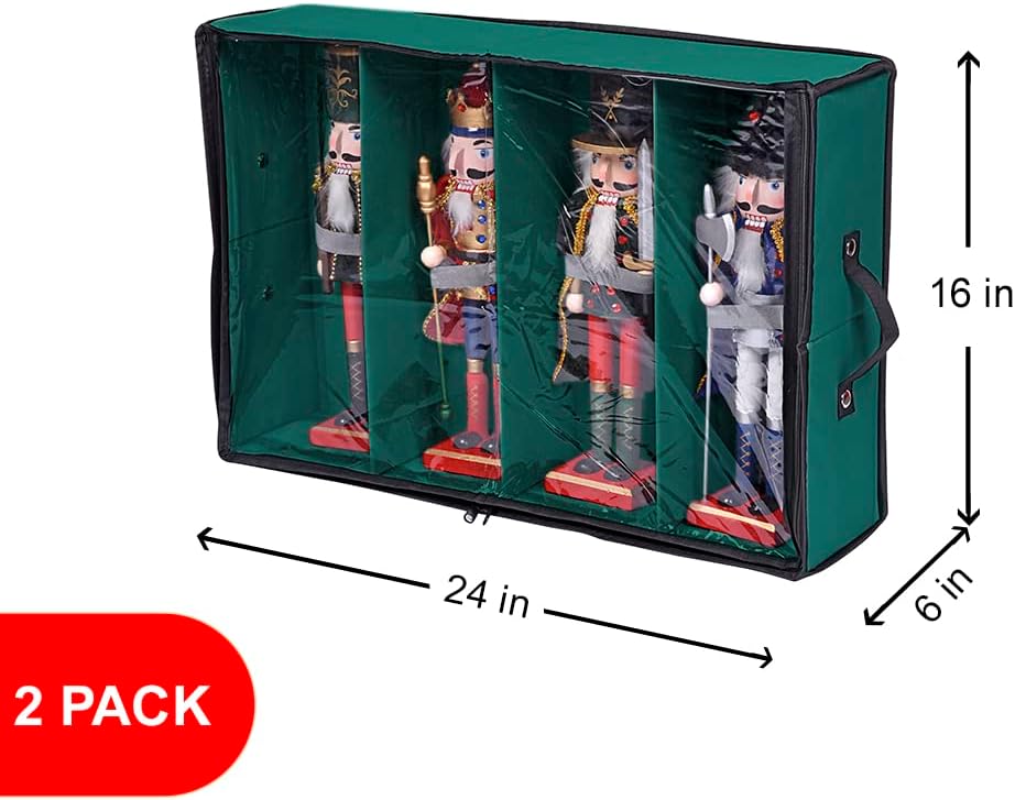 ProPik 2 Pack Christmas Figures Storage Box | Each Holds 4 Holiday Figurines up to 16” | Adjustable Nutcracker Decor Ornament Storage Container | Xmas Decorations Accessories Boxes (Green)