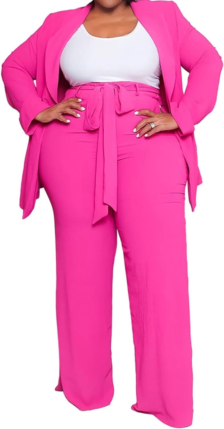 IyMoo Plus Size Suits for Women Business Open Front Long Sleeve Blazer Elastic Waist Solid Straight Leg Pant Set Suits
