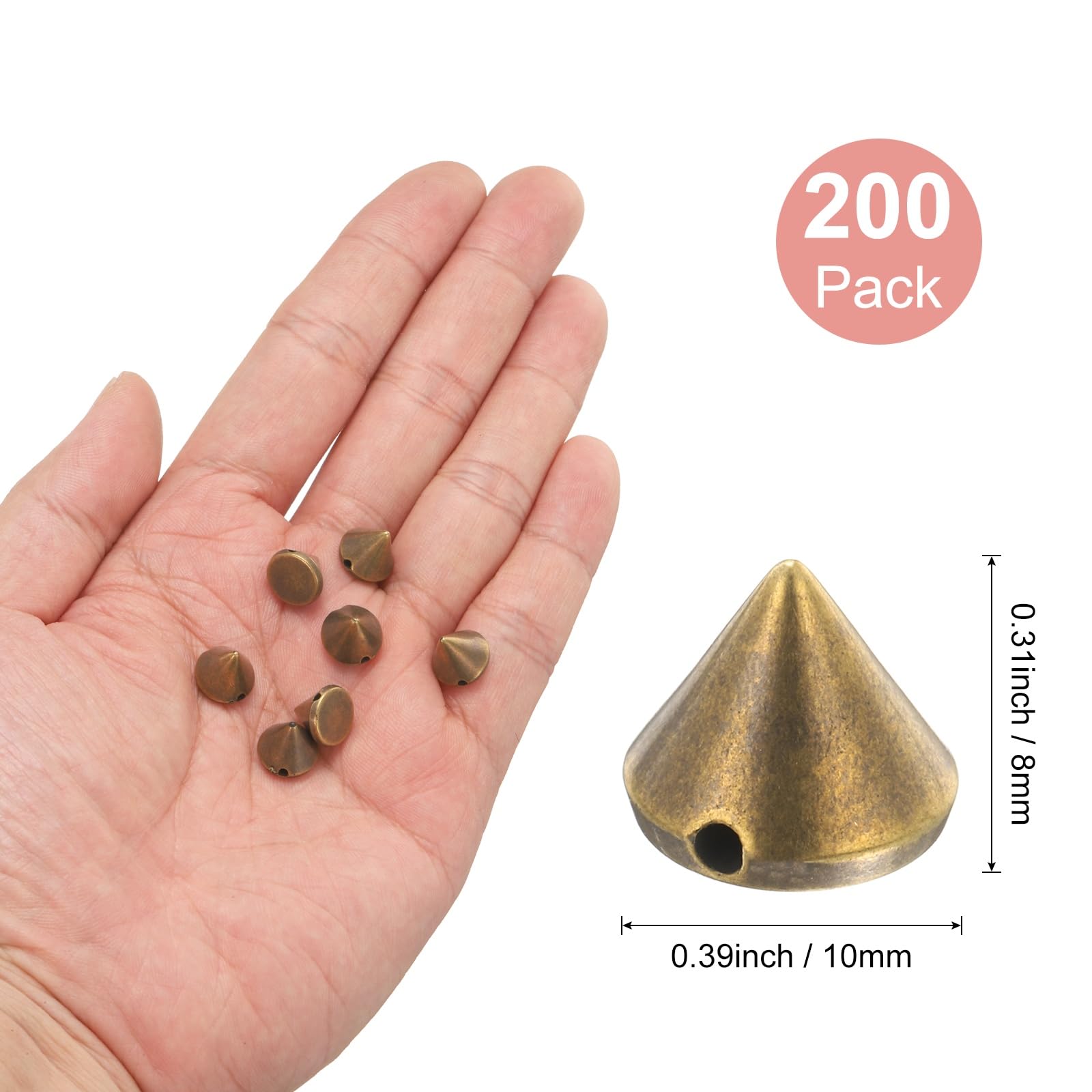 M METERXITY 200-Pack Spike Cone Studs 10x8 mm Plastic Flat Back Sew on Punk Style Spike Stud with Hole for Garments/Shoes/Bags/DIY Leather Craft/Fabric Clothes Bronze Tone - Image 3