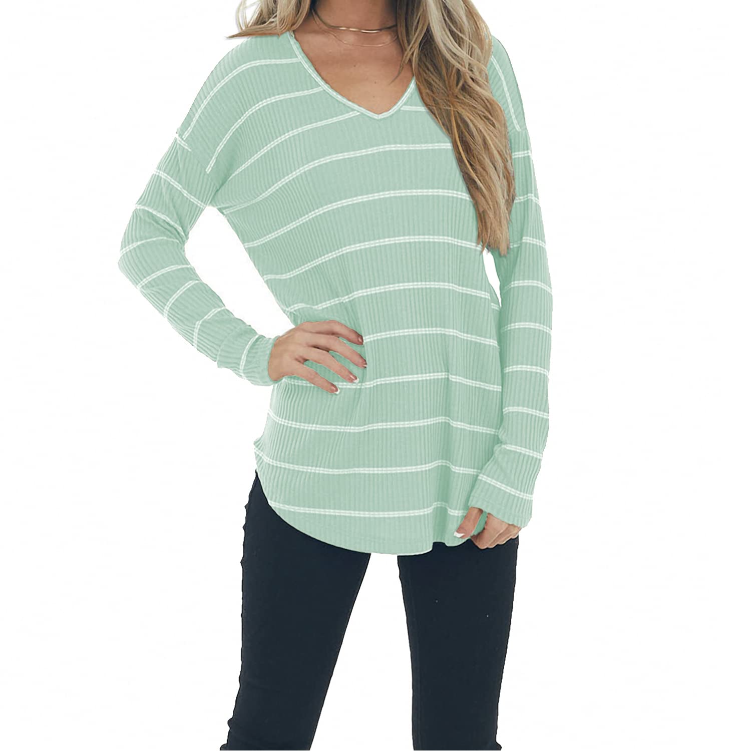 Women Casual Tops V Neck Ribbed Long Sleeve Tunic T Shirts Loose Fit Knit Shirt Desert Striped Blouses