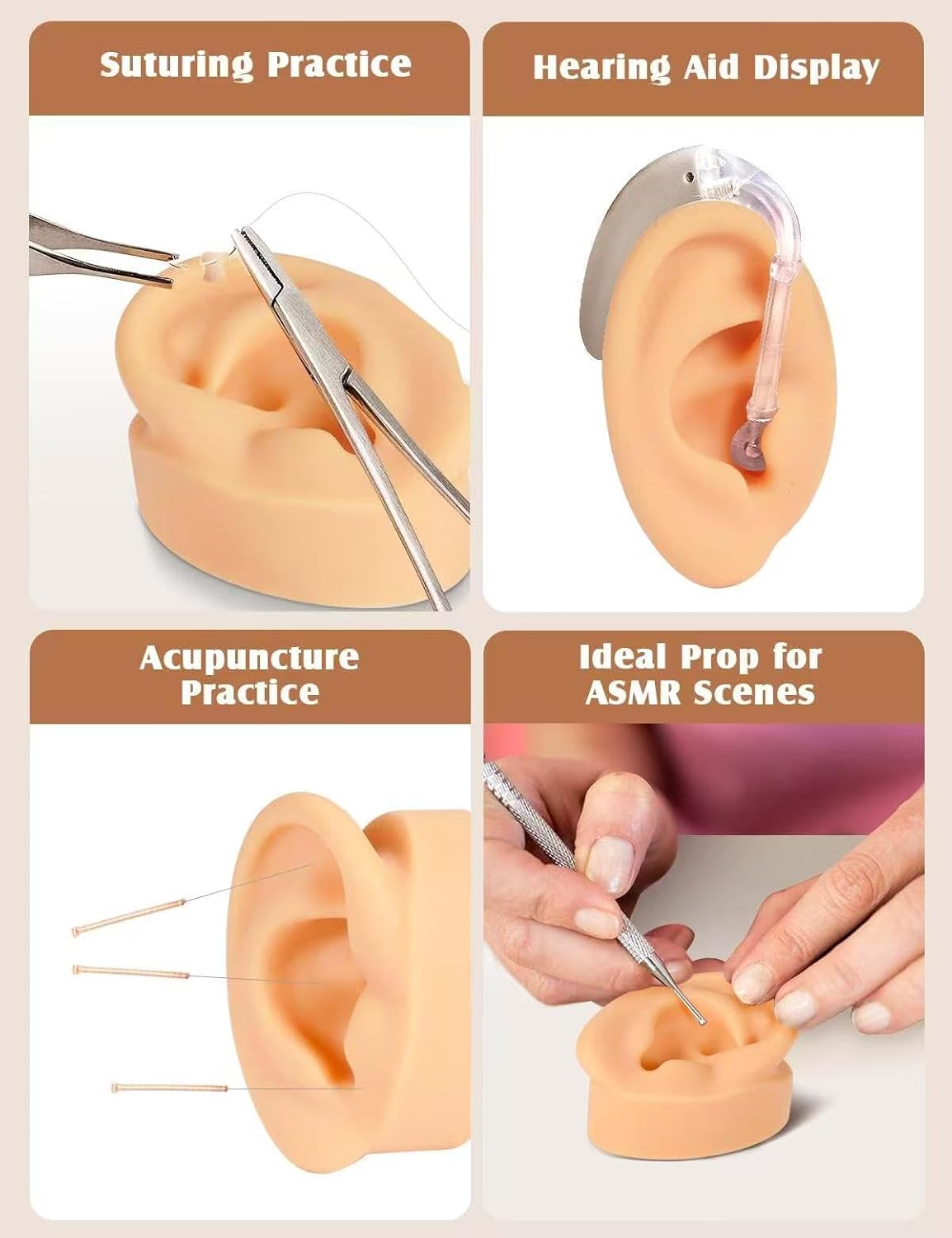 2 Pcs Soft Silicone Ear Model, Left and Right Flexible Fake Ear for Earrings Display, Realistic Ear Model for Piercing Practice, Acupuncture Teaching Tool (Medium Skin Tone) - Image 3