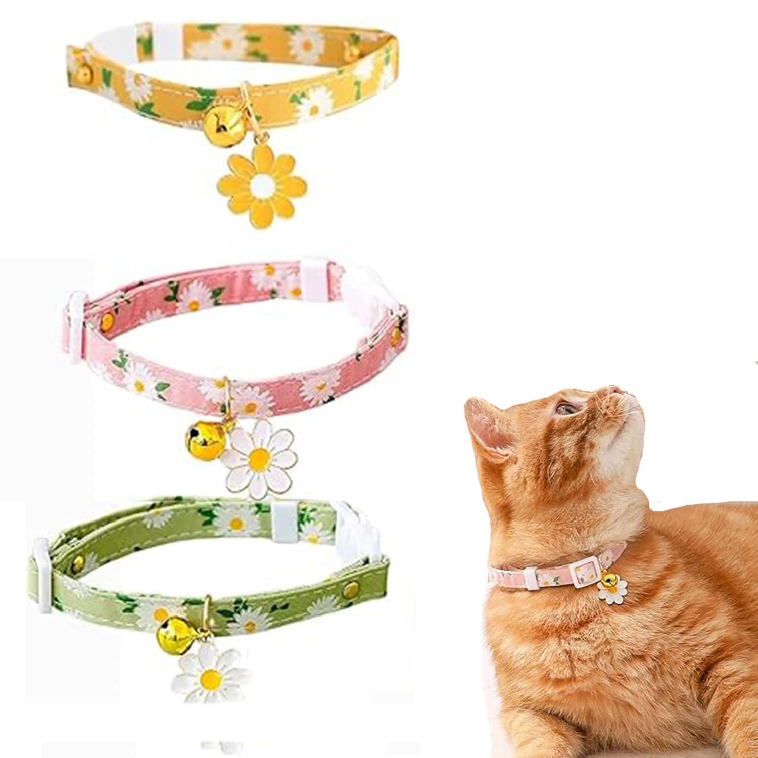デイジーフラワー柄(ブルー)わんちゃん猫ちゃん用襟付首輪 Amazon | Coehaopike 3 色セット 猫首輪 デージーの花柄 鈴付き