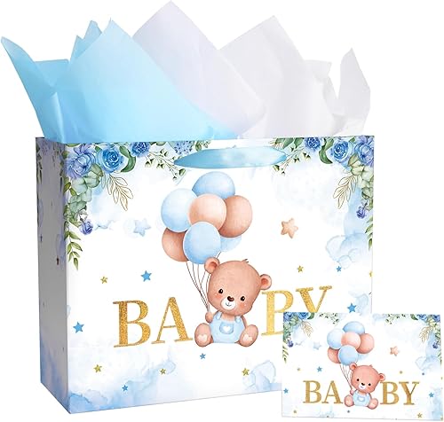 Bolsas de regalo grandes para bebé de 13 pulgadas con papel de seda y tarjeta de felicitación (oso de balón y floral), bolsas de regalo de tamaño