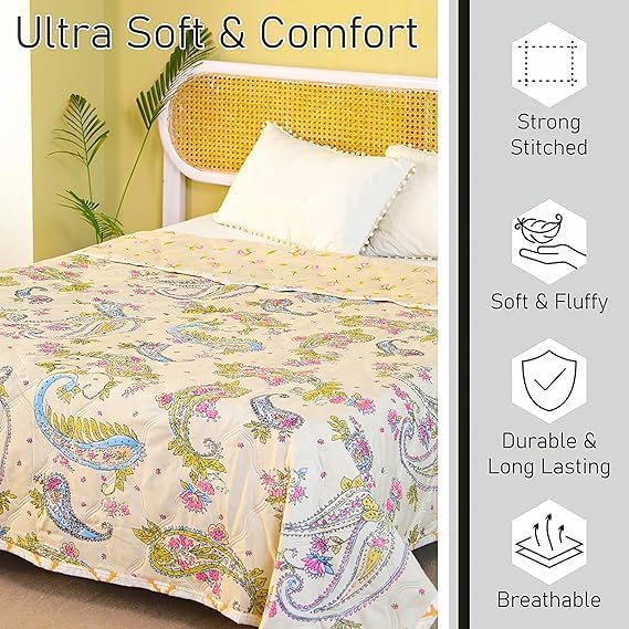 Image of Dohar Single OR Double Bed 100% Cotton Blankets for Summer 150GSM Ac Comforter and Cooling for Summer Classic Printed Design Quilt Ideal for Gifting (Curry Flower Design, Double Bed)