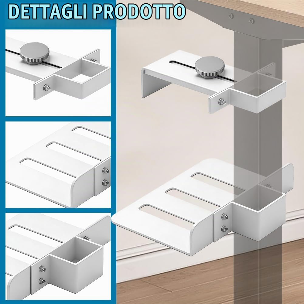 Supporto per PC sotto la scrivania senza fori, portata 20 kg, supporto per computer regolabile, adatto per gambe del tavolo da 65 x 45 mm, supporto per computer per tavoli alti (bianco)