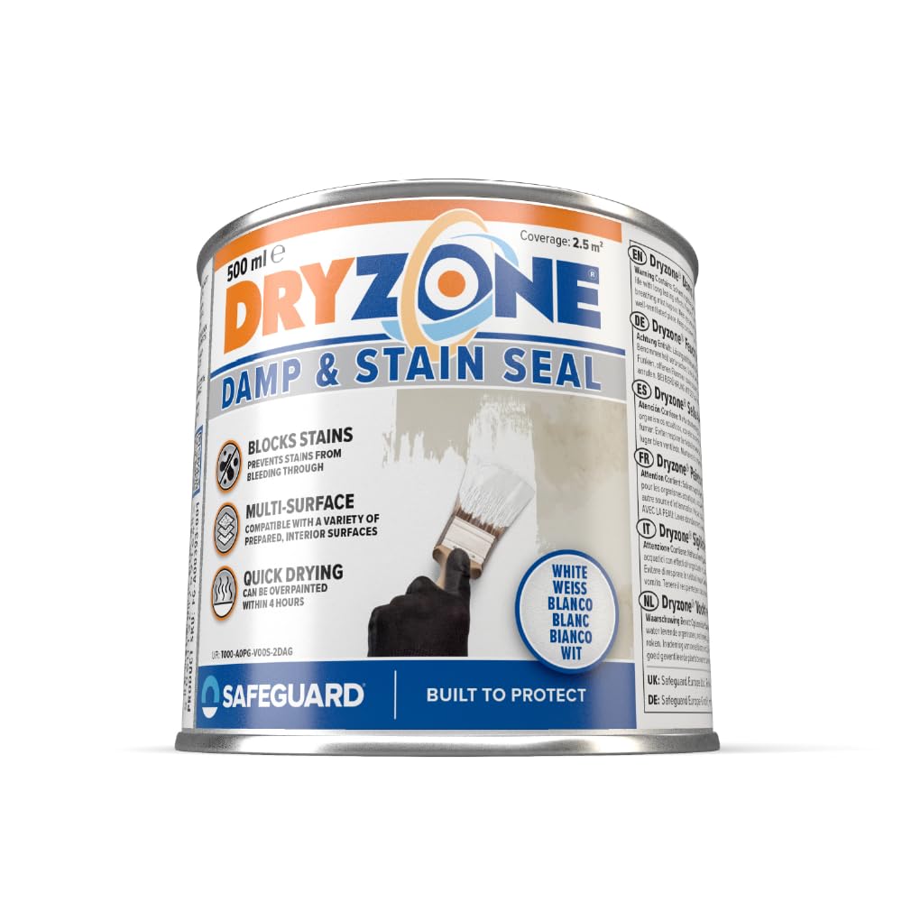 Dryzone Feuchtigkeits und Flecken Blocker - Isolierweiß (500 ml) - Fleckenblocker, Isoliergrund, hochdeckende Wandfarbe für Zement, Stein, Mörtel