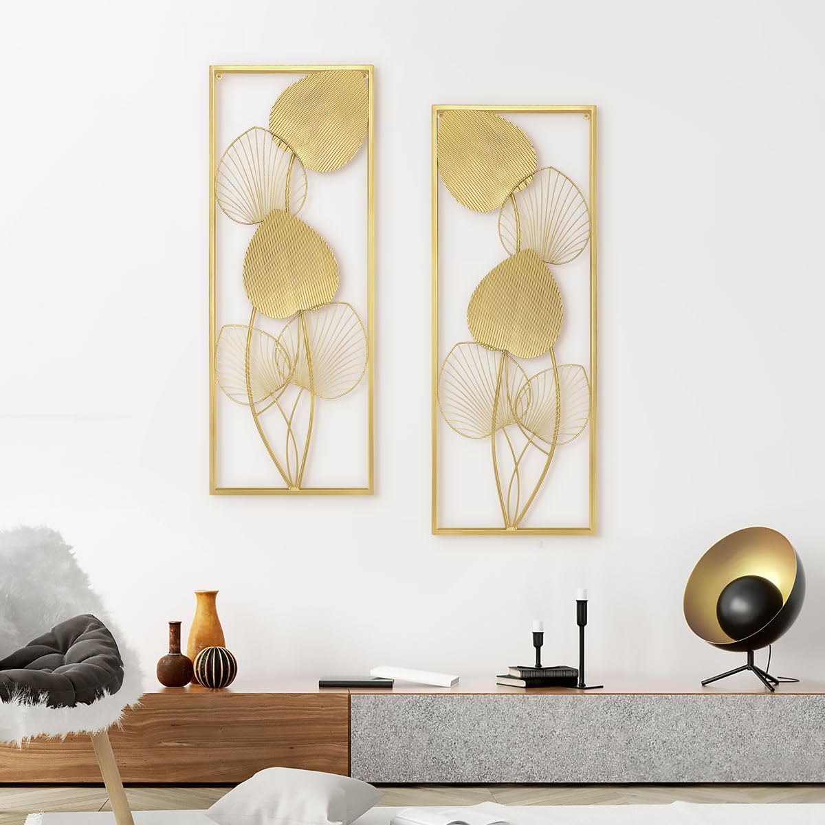 AOTISBAO Home Metal Wall Decors Set of 2 Golden Metal Art Wall Sculptures Ruffled Fan Palm Leaf Wall Hanging Decors with Frame for Living Room Bedroom Study Room Home Office (32" X 12")