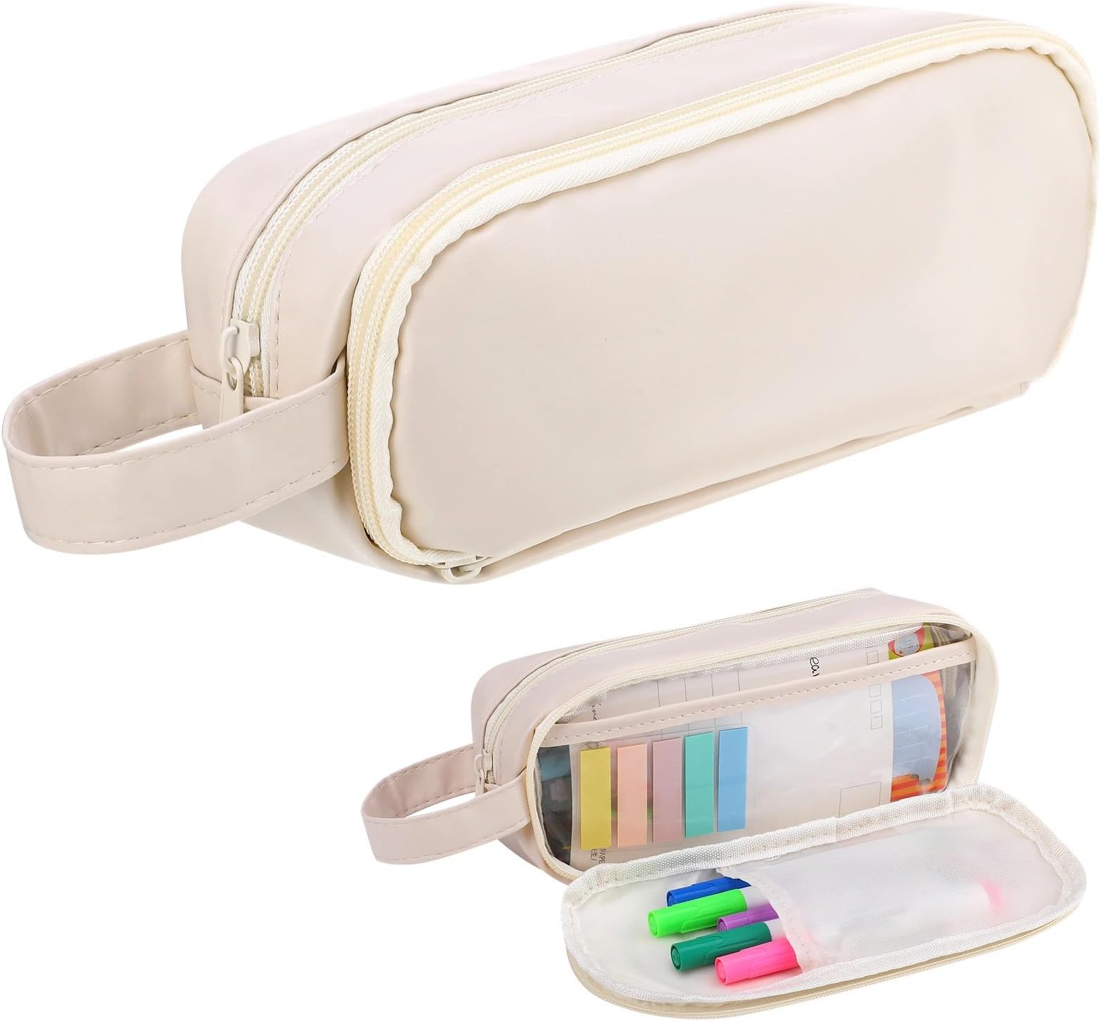 umorismo Big Capacity Pencil Case with Sticky Note Aesthetic Pencil Pouch with Compartments Expandable Pen Cases with Zipper School Stationery Organizer for Girls Women(Beige)