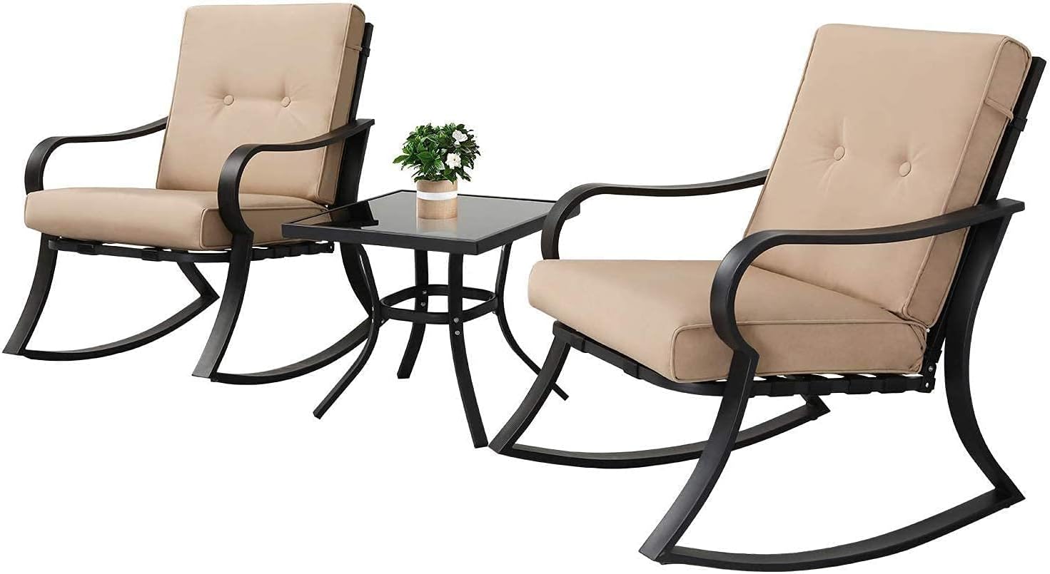 Oakcloud Oakmont Outdoor Furniture 3 Piece Conversation Bistro Set Rocking Chairs and Glass Top Table, Thick Cushions, Black Steel (Brown)