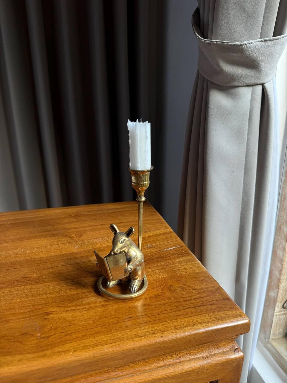 Vintage Brass Mouse Candleholder, Bookshelf Decor Antique Patina Taper Candle Holder mice Home Decor Gift, Reading Lover Gift