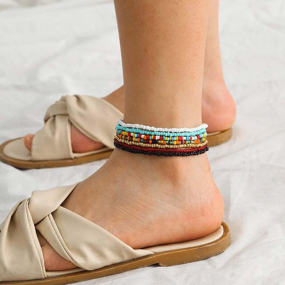 Wedity 7 Pcs Boho Elastic Anklets Multilayer Color Rice Beads Handmade Bead Anklet Bracelets Summer Accessories Beach Foot Jewelry for Women and Girls - Image 3