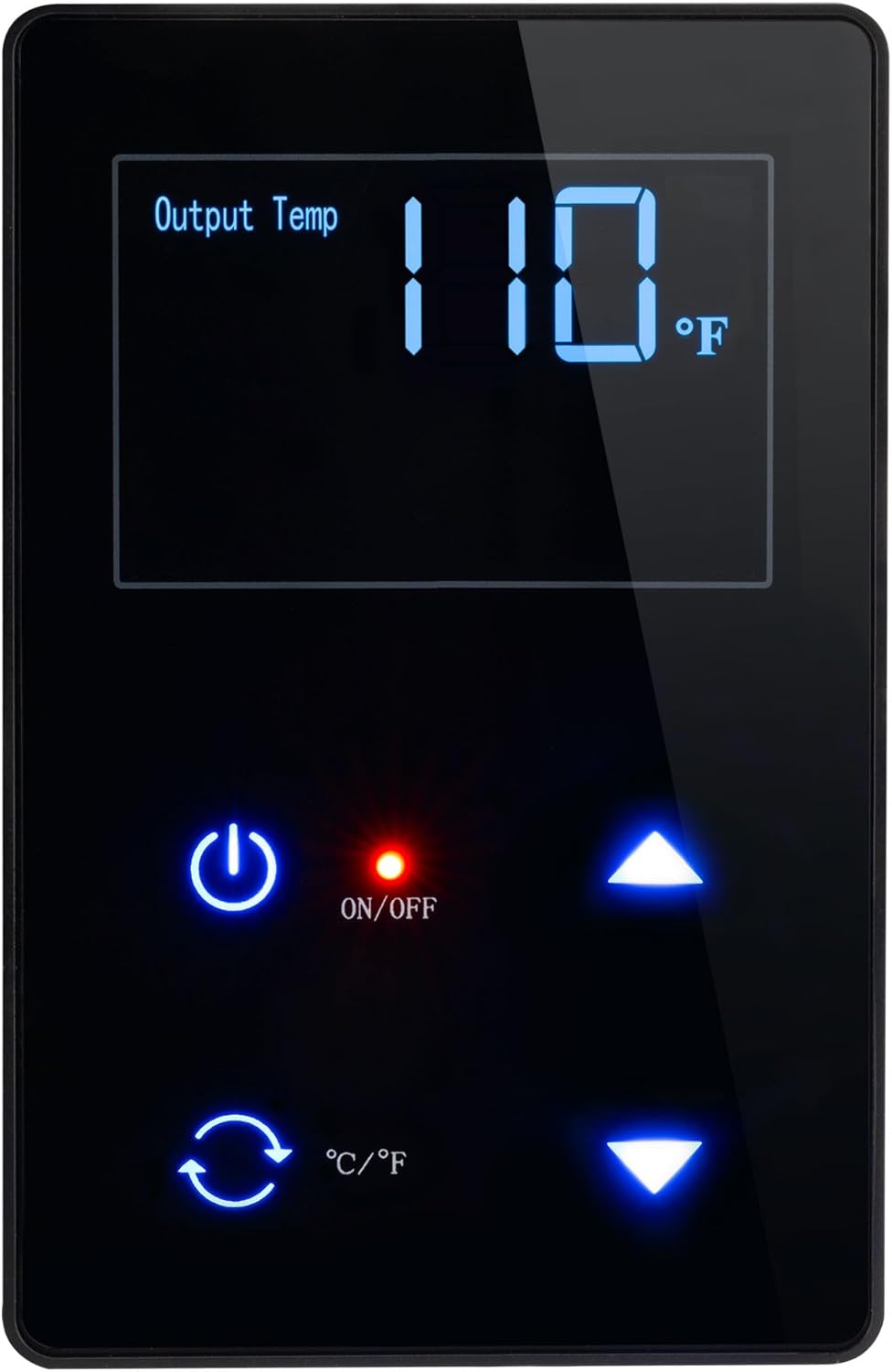 Close-up of the RecPro RV Tankless Water Heater's wired remote control, showing the power button, temperature display, up/down arrows for adjustment, and a Celsius/Fahrenheit toggle button.
