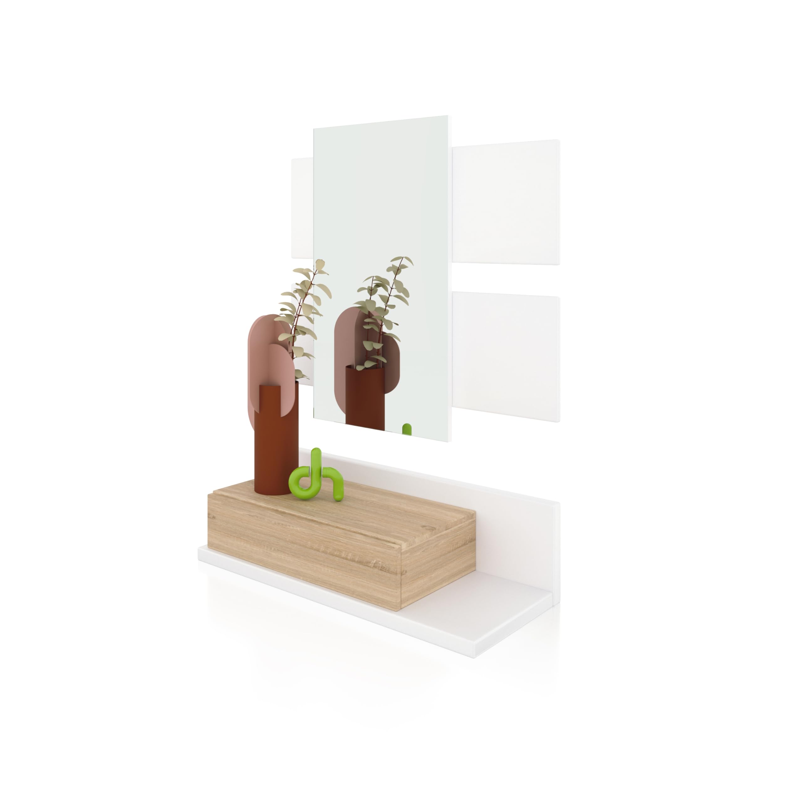 duehome | Recibidor con cajón y Espejo, Mueble de Entrada, Modelo Milo, Acabado en Blanco Artik y Roble Canadian, Medidas: 75 cm (Largo) x 29 cm (Fondo) x 116 cm (Alto)