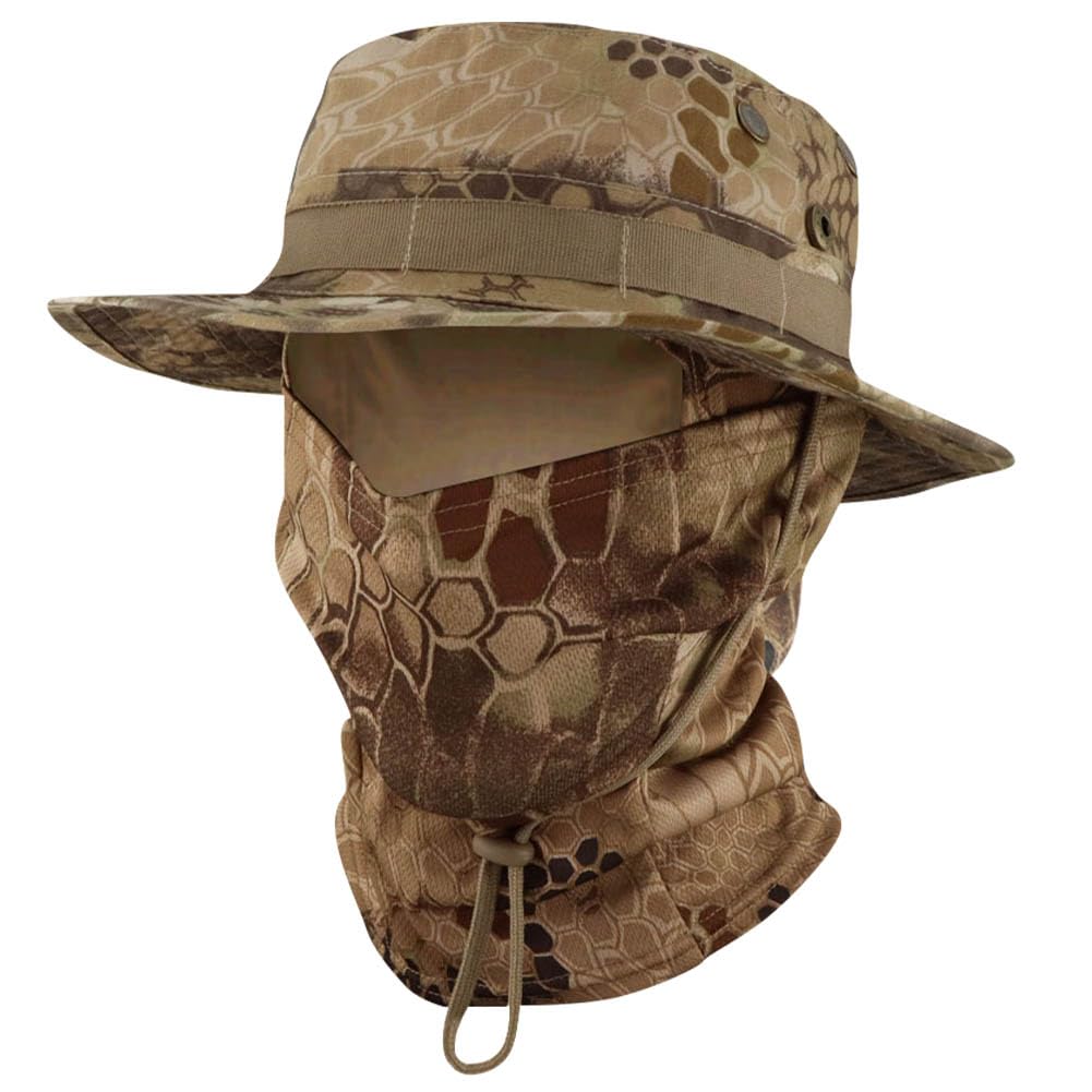Camo Boonie Sun Hat with Balaclava Face Mask UV Protection Fishing Hat Bucket Hat for Hunting Hiking Military Tactical Safari, Camo Yellow, One size