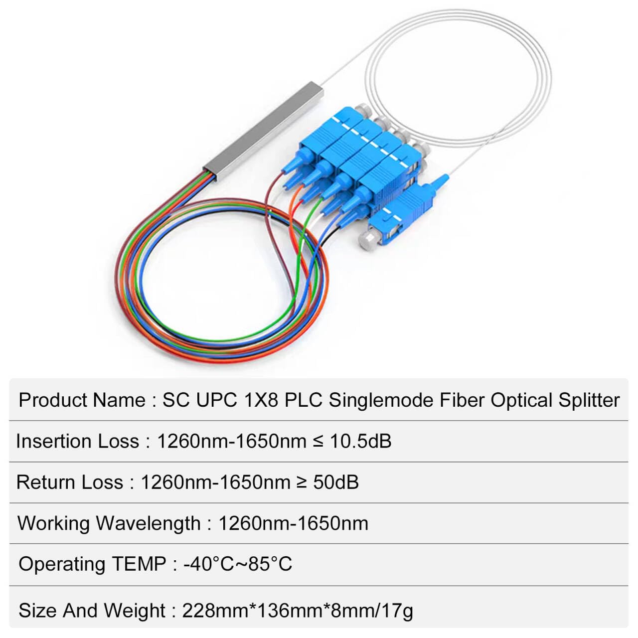 Poyiccot Fiber Optical Splitter, SC UPC 1X8 PLC Singlemode Fiber Optical Splitter, Telecom-Grade 0.9mm G657A1 Singlemode Fibe Pigtail 1260/1650nm. 1M/3.3FT.