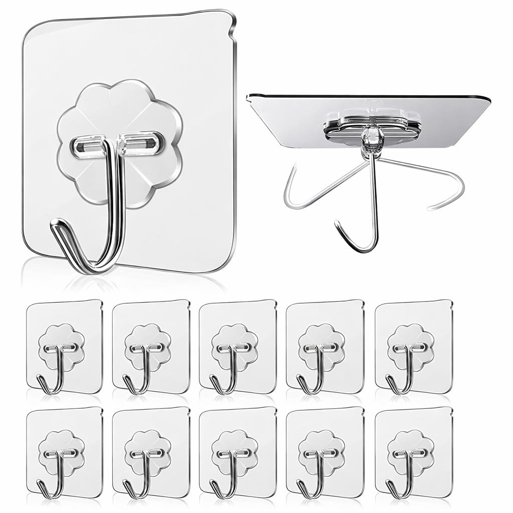 JIALTO 10 Pcs Adhesive Hooks Kitchen Wall Hooks-Heavy Duty 5Kg (Max) Nail Free Sticky Hangers with Stainless Hooks Reusable Utility Towel Bath Ceiling Hooks