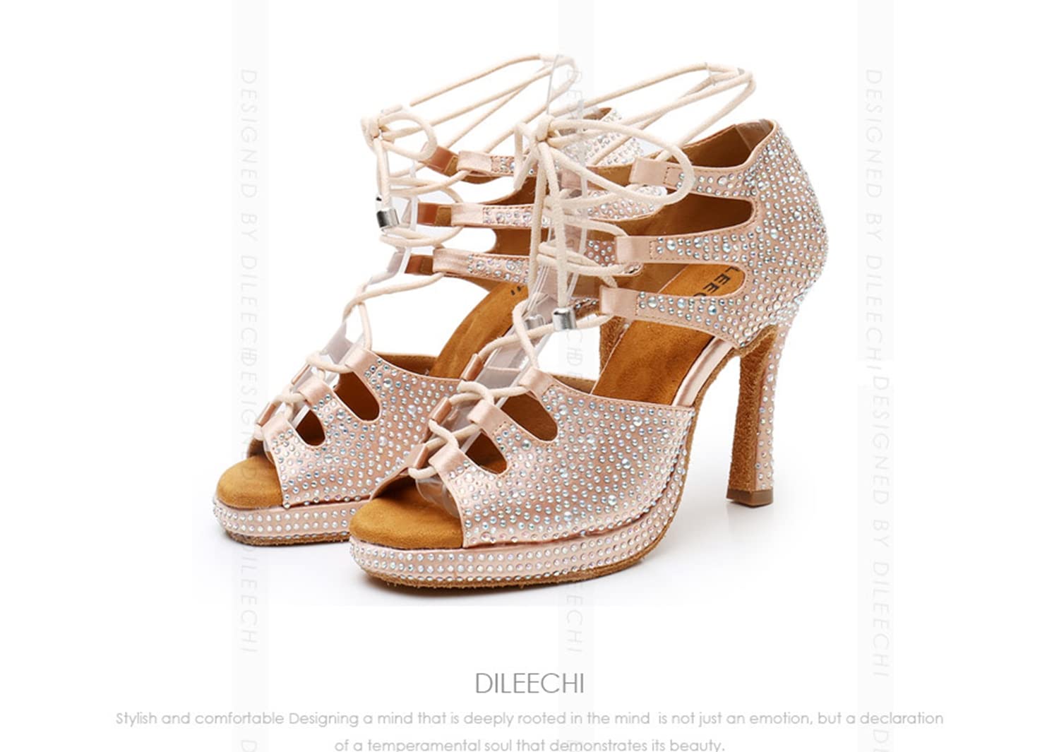 Sandalias modernas de baile latino con cordones para mujer, para boda, fiesta, L425 Plataforma Beige Tacón de 10 cm, 39 EU