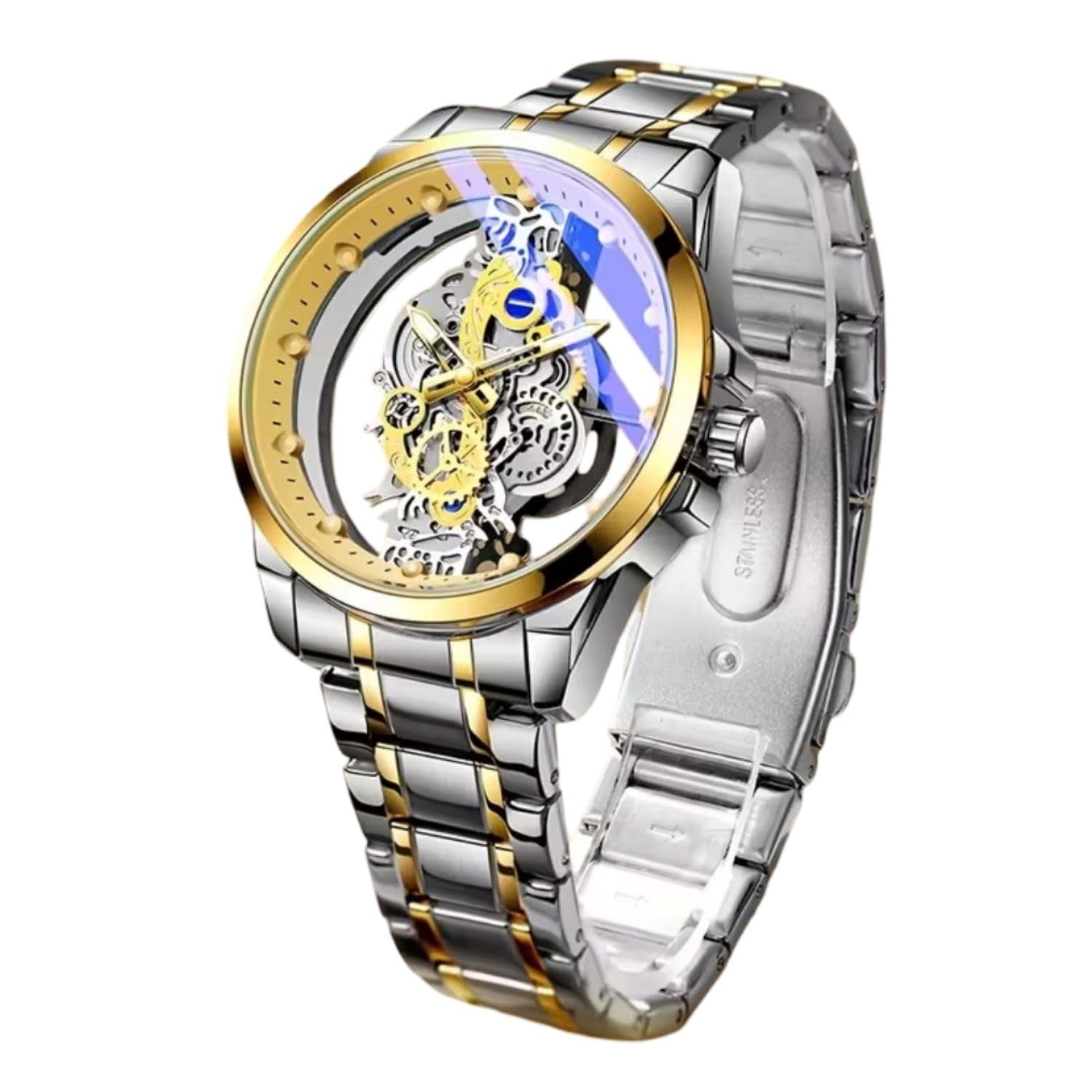 Vondex Automatic Skeleton Analog Wrist Watch for Men | Self-Winding Mechanical Movement | Stainless Steel Strap | Transparent Skeleton Dial | Luxury Business & Casual Watch | 45mm Round Case-image-19