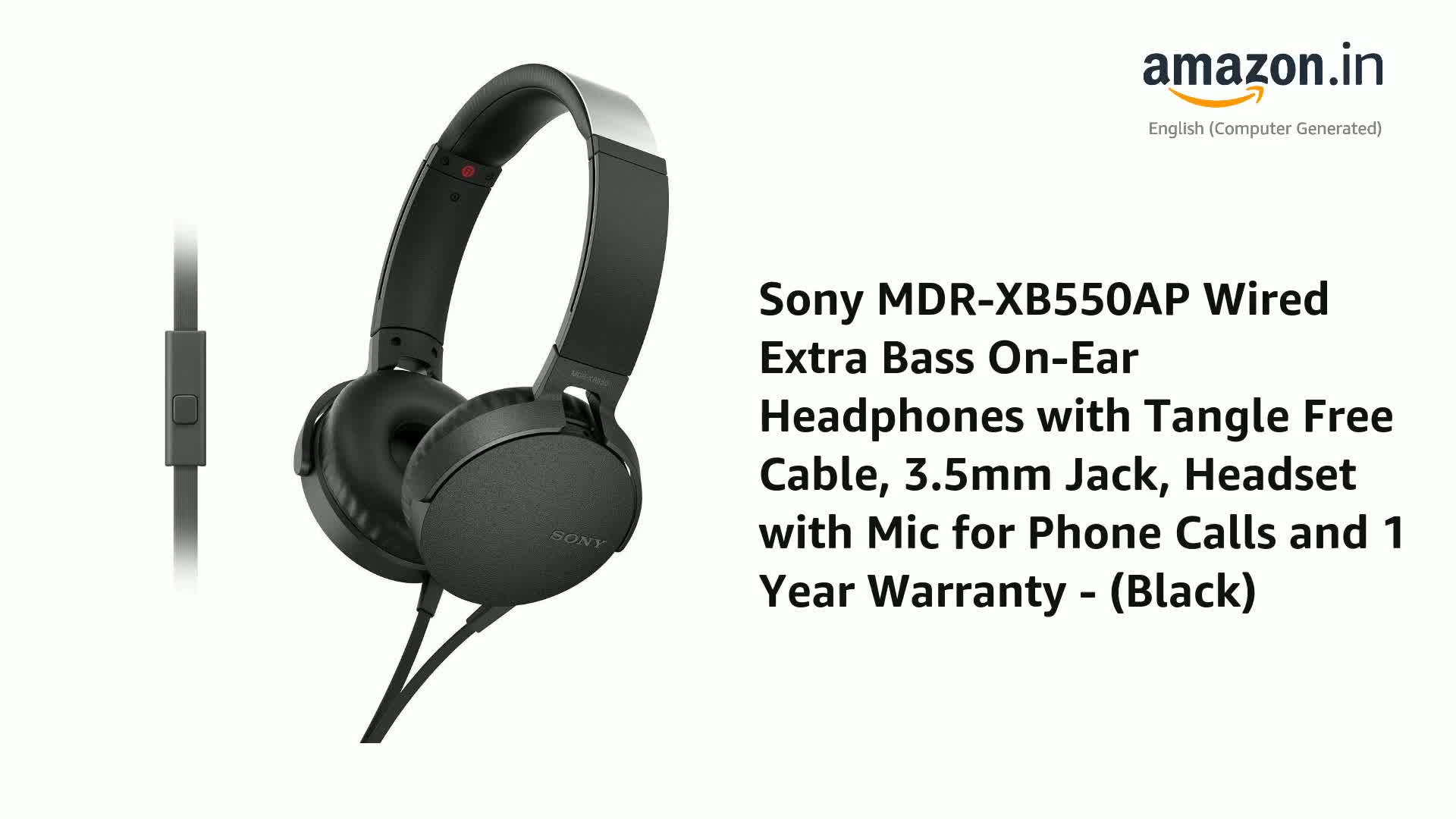 Sony MDR-XB550AP Wired Extra Bass On-Ear Headphones with Tangle Free Cable,  3.5mm Jack, Headset with Mic for Phone Calls and 1 Year Warranty - (Black)  : Amazon.in: Electronics