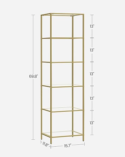 Miniatura 3 de VASAGLE - Estantería de 6 niveles, estantería delgada para dormitorio, baño, oficina en casa, vidrio templado, marco de acero, oro ULGT500A01