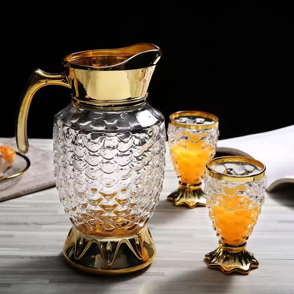 Image of Premium Golden Glass Water Jug & Glasses Set of 7, Crystal Drinking Set with 1 Pitcher & 6 Glasses, Decorative Gold Jug Set for Water, Juice, Mocktail, Home, Dining Table & Party
