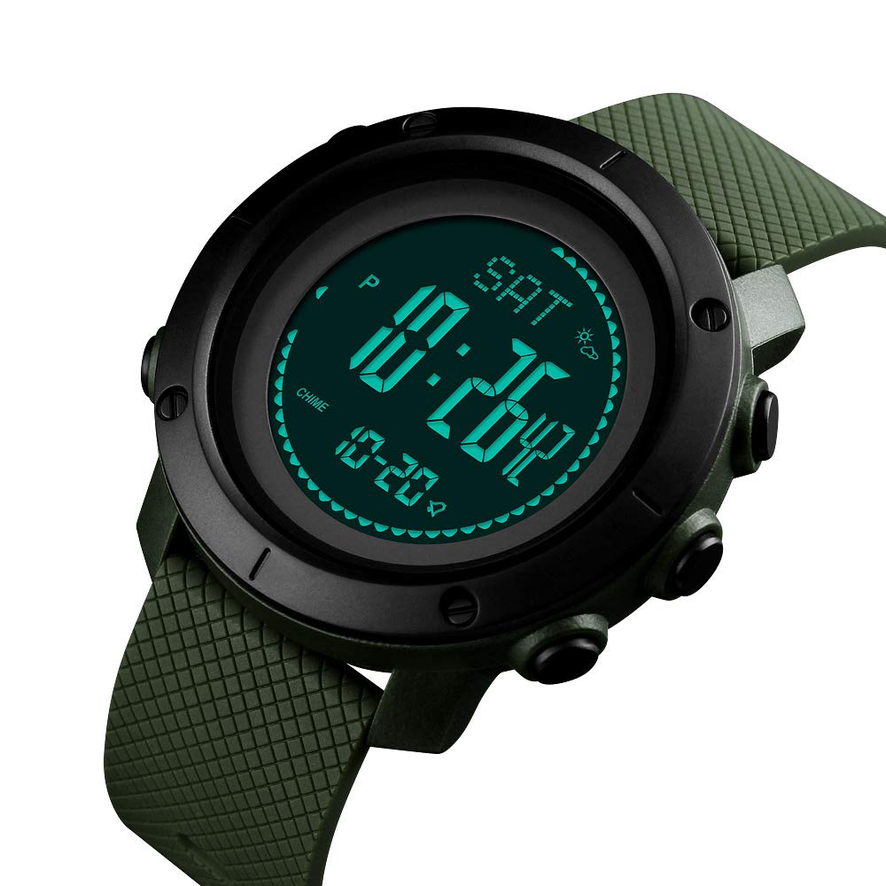 TONSHEN Kompas Zegarek Męski i Kobiety Outdoor Sport Wielofunkcyjny Cyfrowy LED Elektroniczny Wysokościomierz Termometr Pedometr Kalorie Alarm Data Zegarki Bransoletka (Zielona)