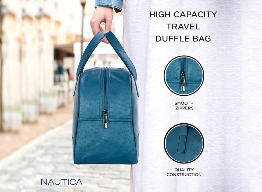 Image of Nautica Unisex 25L PU Duffle Bag for Travel | Stylish Leatherette Cabin Luggage with Smooth Zippers | Compact, Comfortable & Spacious for Weekend Trips, Gym & Everyday Use | Teal