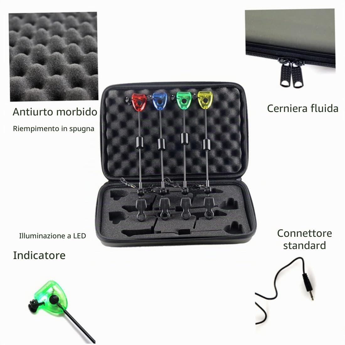 Allarme morso carpa pesca 4 pezzi da 12, 99 pollici allarme per morso di pesca a led con una scatola di trasporto indicatori di scambisti verdi gialli rosso giallo affrontano per accessori, alar
